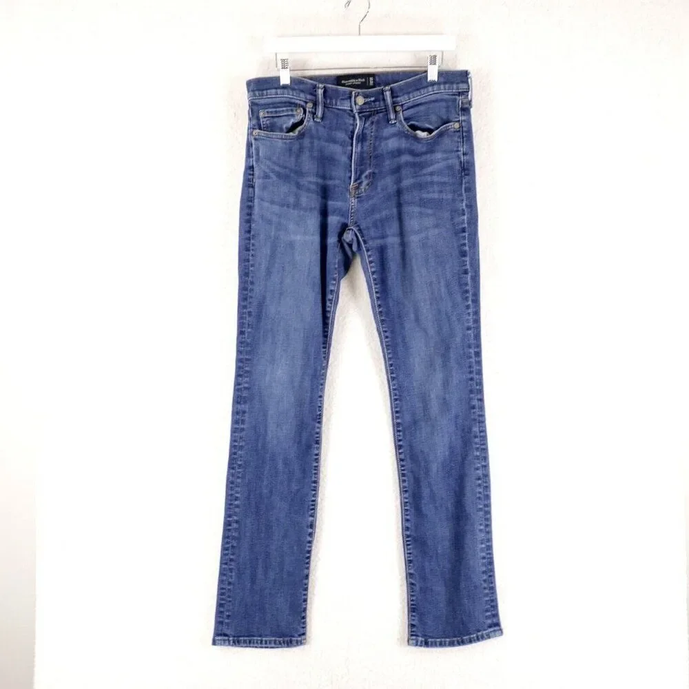 Abercrombie & Fitch Straight Stretch Blue Wiskering Denim Jeans Mid Rise 32/33 T